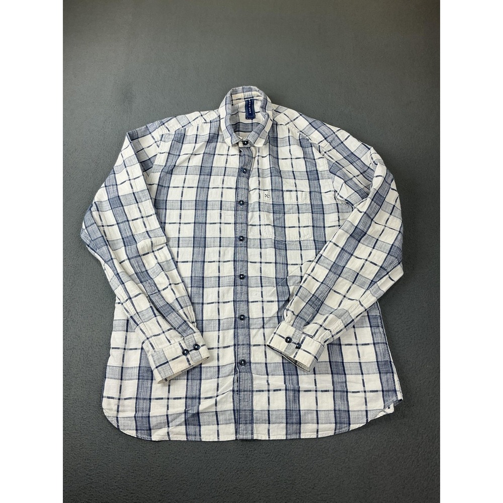 Numero Uno Shirt Mens XL White Blue Plaid Cotton Long Sleeve Button Up Slim Fit